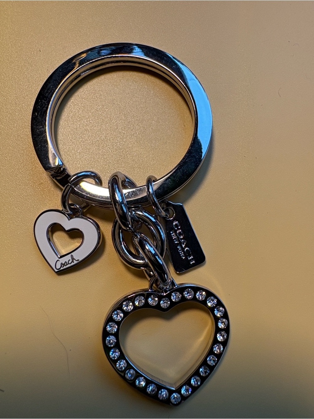 Coach Silver-Tone Heart Charm Keyring with Crystals